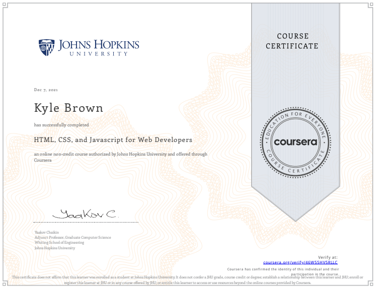 Certificate: HTML, CSS, and Javascript for Web Developers